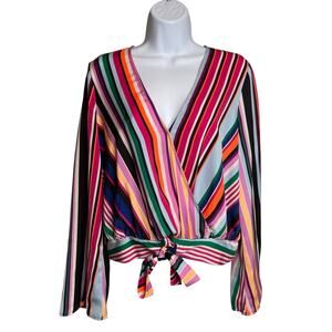 Express Women's Colorful Rainbow Striped Wrap Top Size M Pride Y2K Vibes Retro‎